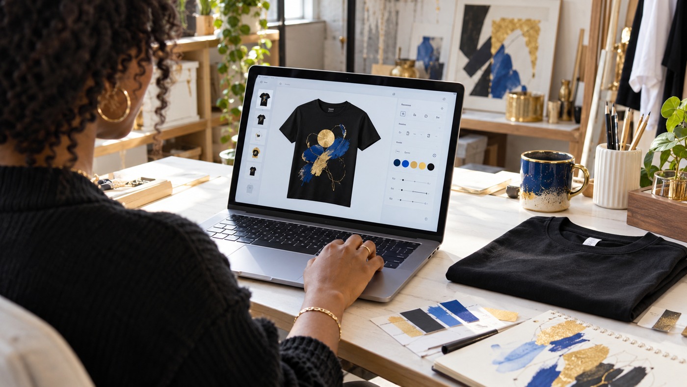 Designer editing a custom T-shirt design on a laptop